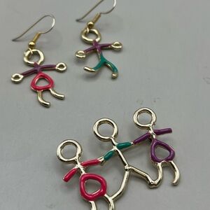 Colorful Wire Figure Earrings and Brooch Set